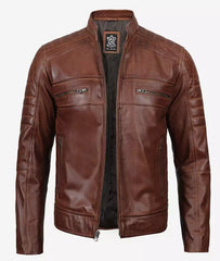 Mens Tall Perforated Cognac Waxed Cafe Racer Leather Jacket