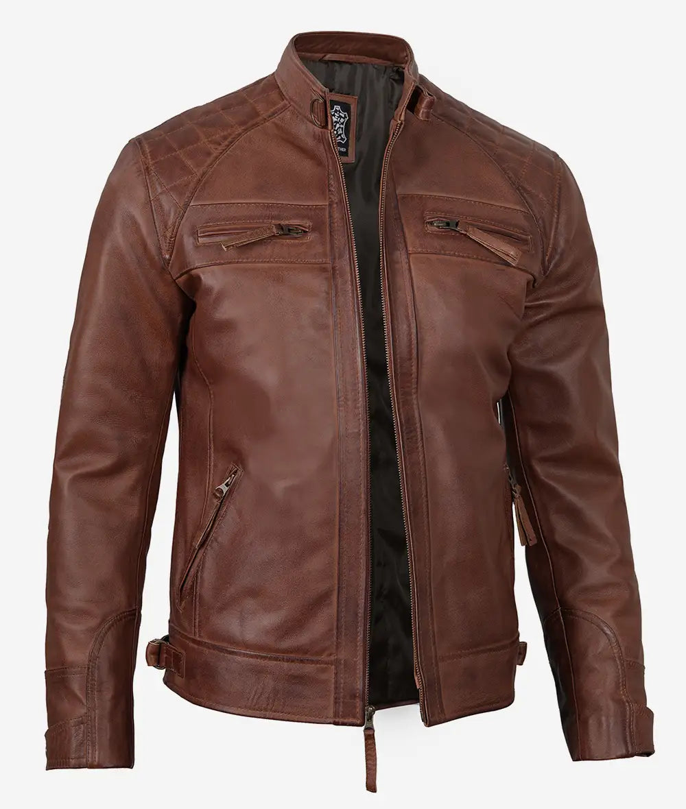 Johnson Mens Tall Cognac Cafe Racer Quilted Leather Jacket