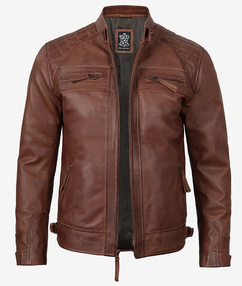 Johnson Mens Tall Cognac Cafe Racer Quilted Leather Jacket