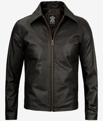 Men's Dark Brown Cowhide Leather Jacket with Shirt Collar