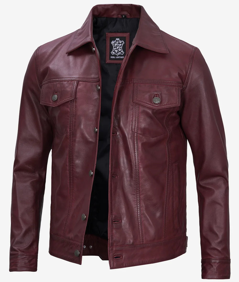 Fernando Men's Lambskin Leather Maroon Trucker Jacket