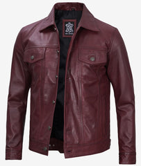 Fernando Men's Lambskin Leather Maroon Trucker Jacket