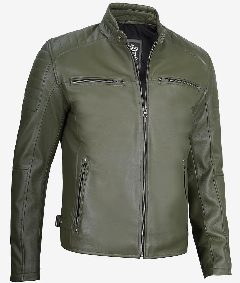 Mens Military Green Cafe Racer Leather Jacket