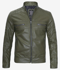 Mens Military Green Cafe Racer Leather Jacket