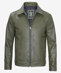 Mens Classic Shirt Collar Military Green Leather Jacket