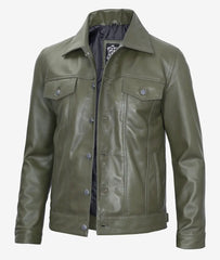 Men's Four Pockets Military Green Leather Trucker Jacket