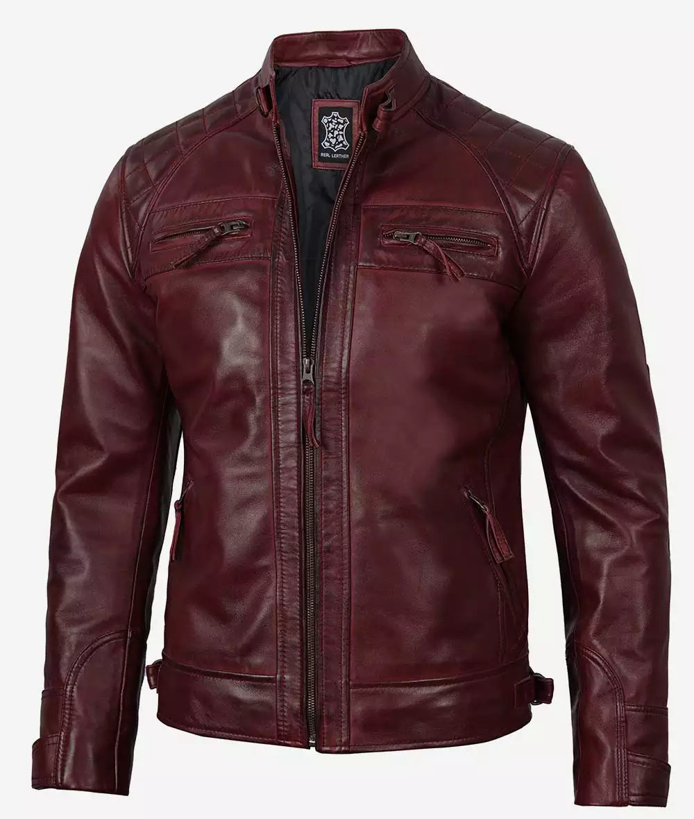 Mens Real Lambskin Leather Maroon Biker Jacket - Quilted Shoulder