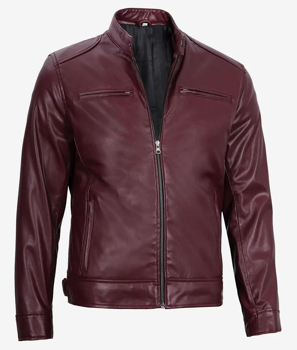 Mens Maroon Cafe Racer Vegan Leather Jacket