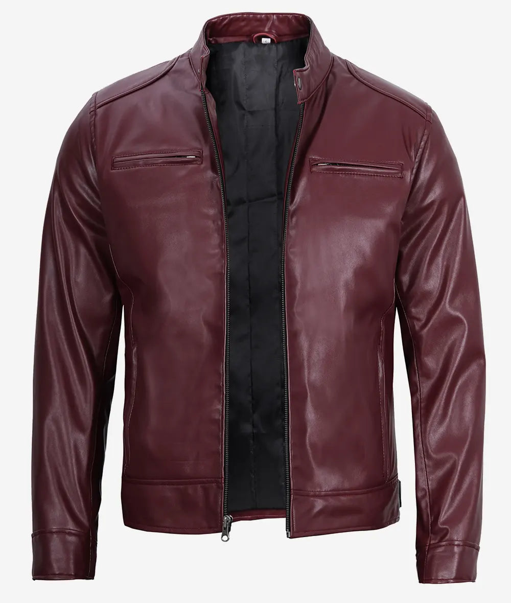 Mens Maroon Cafe Racer Vegan Leather Jacket