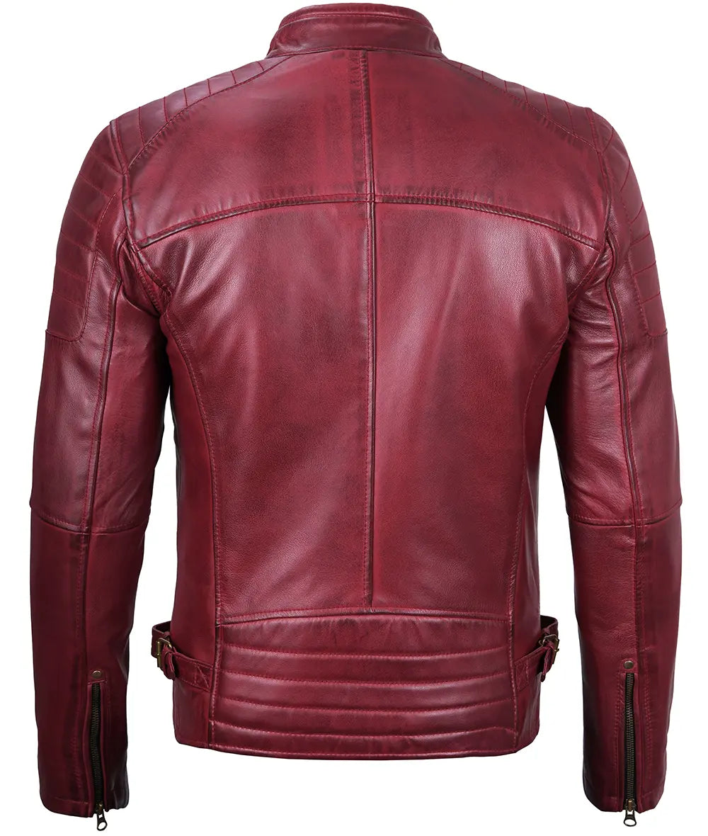 Men's Maroon Waxed Cafe Racer Leather Jacket