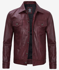 Fernando Men's Lambskin Leather Maroon Trucker Jacket