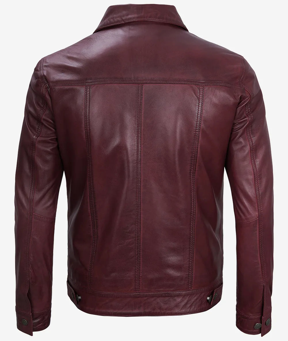 Fernando Men's Lambskin Leather Maroon Trucker Jacket