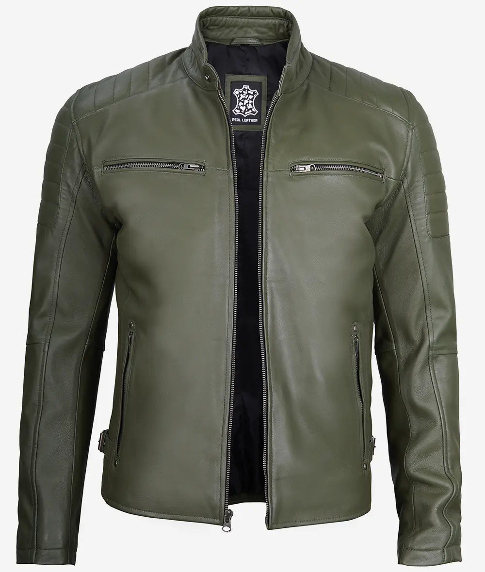 Mens Military Green Cafe Racer Leather Jacket