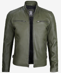 Mens Military Green Cafe Racer Leather Jacket