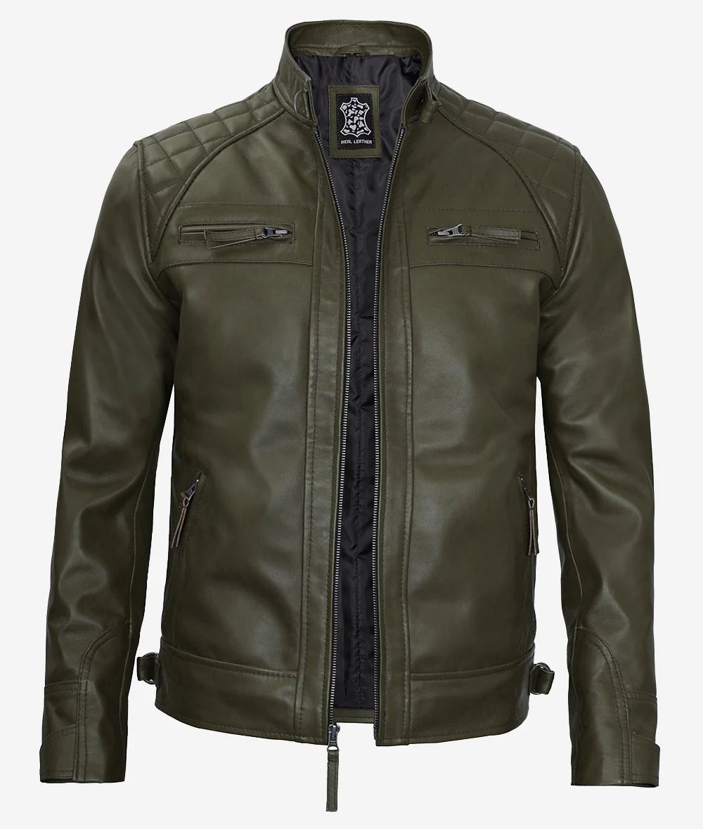 Mens Quilted Shoulder Military Green Cafe Racer Leather Jacket