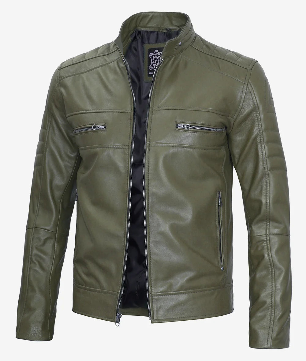 Mens Military Green Cafe Racer Leather Jacket