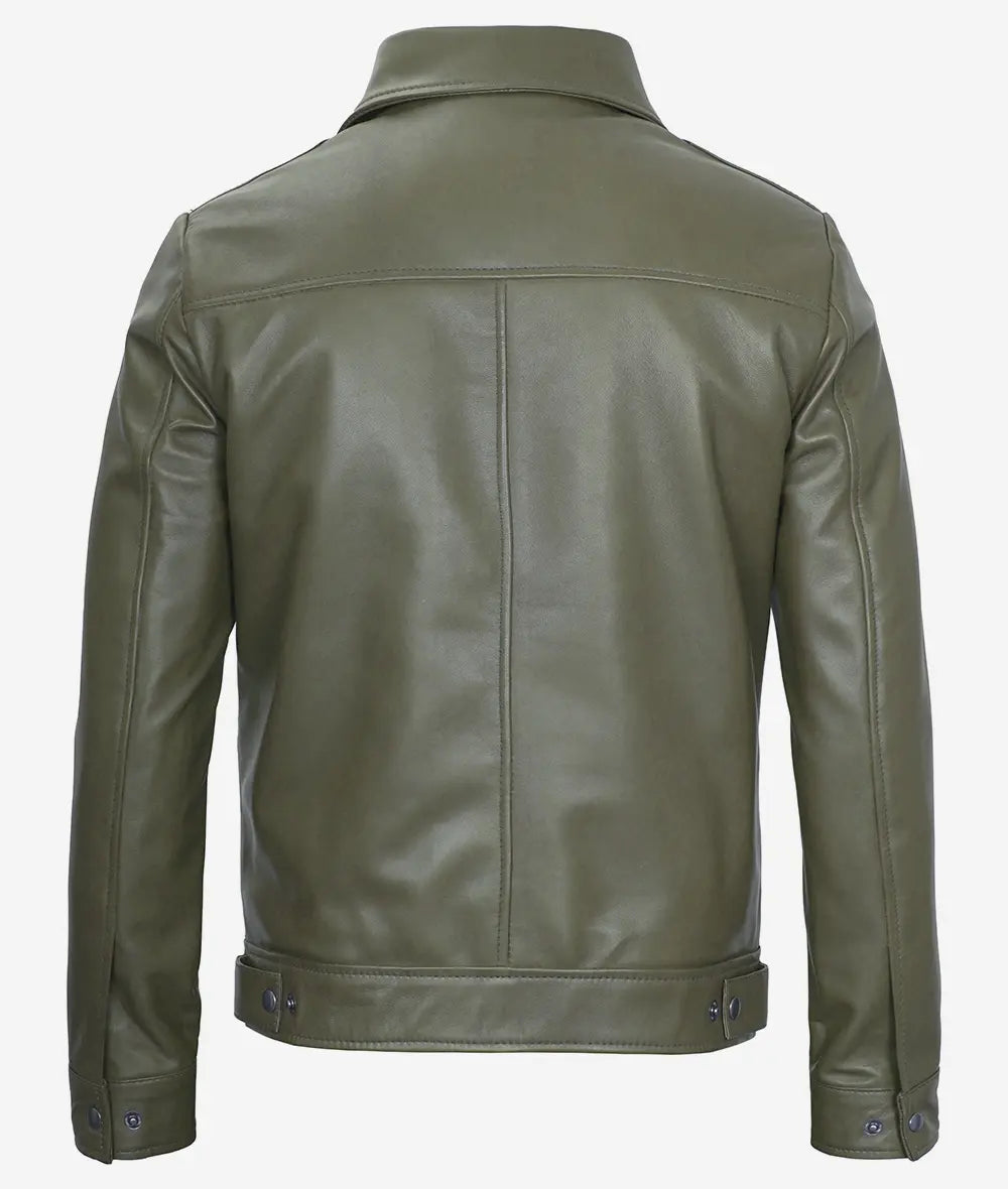 Mens Classic Shirt Collar Military Green Leather Jacket