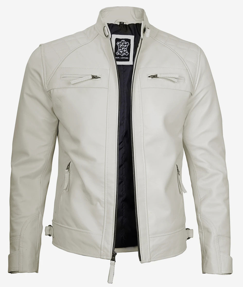 Men's Quilted Shoulder Off White Cafe Racer Leather Jacket