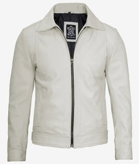 Mens Shirt Collar Off White Leather Jacket