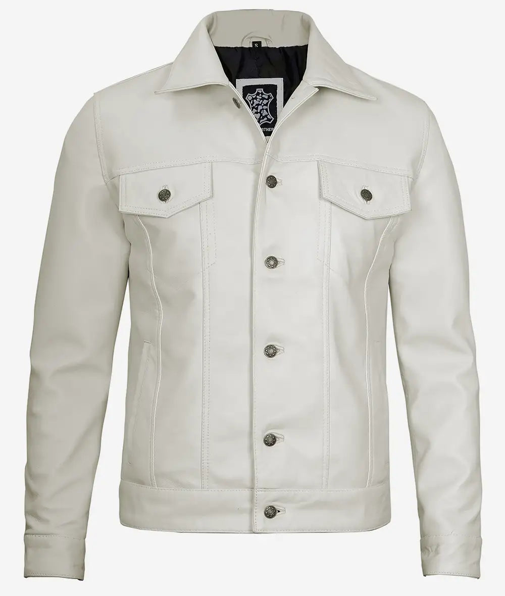 Mens Four Pockets Off White Leather Trucker Jacket