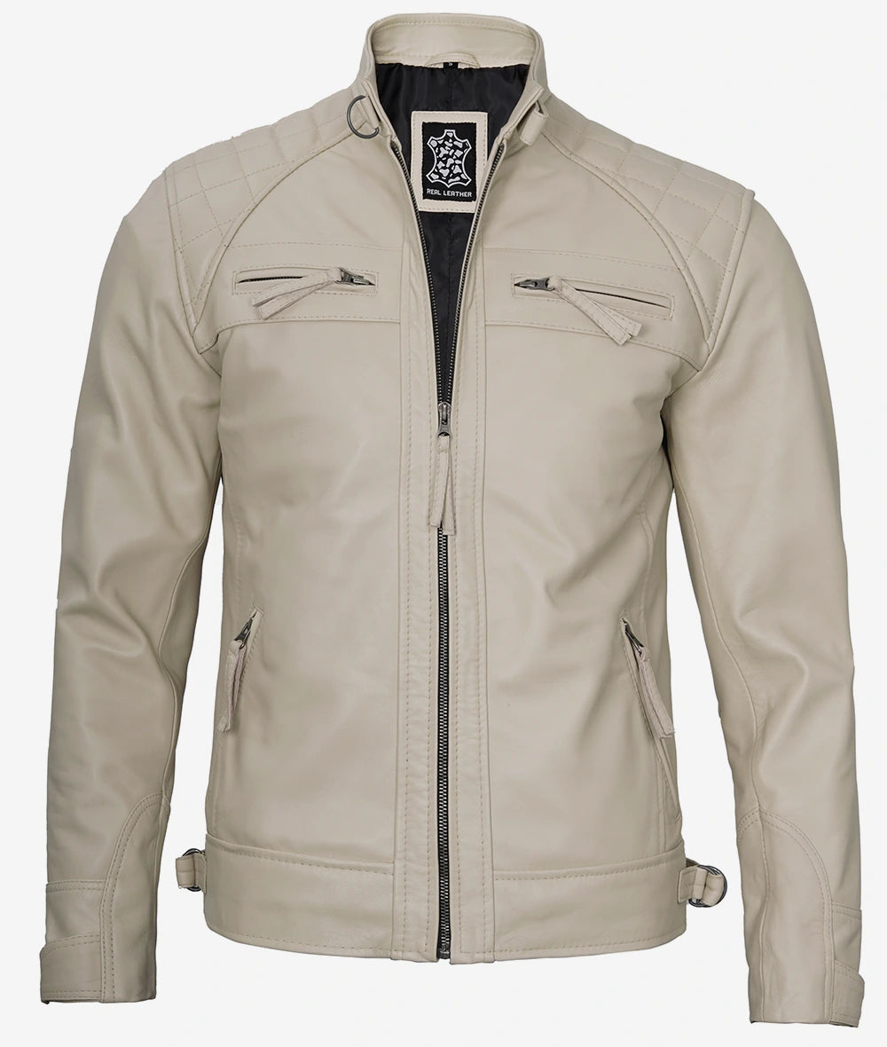 Men's Café Racer Beige Leather Jacket - Quilted Shoulder