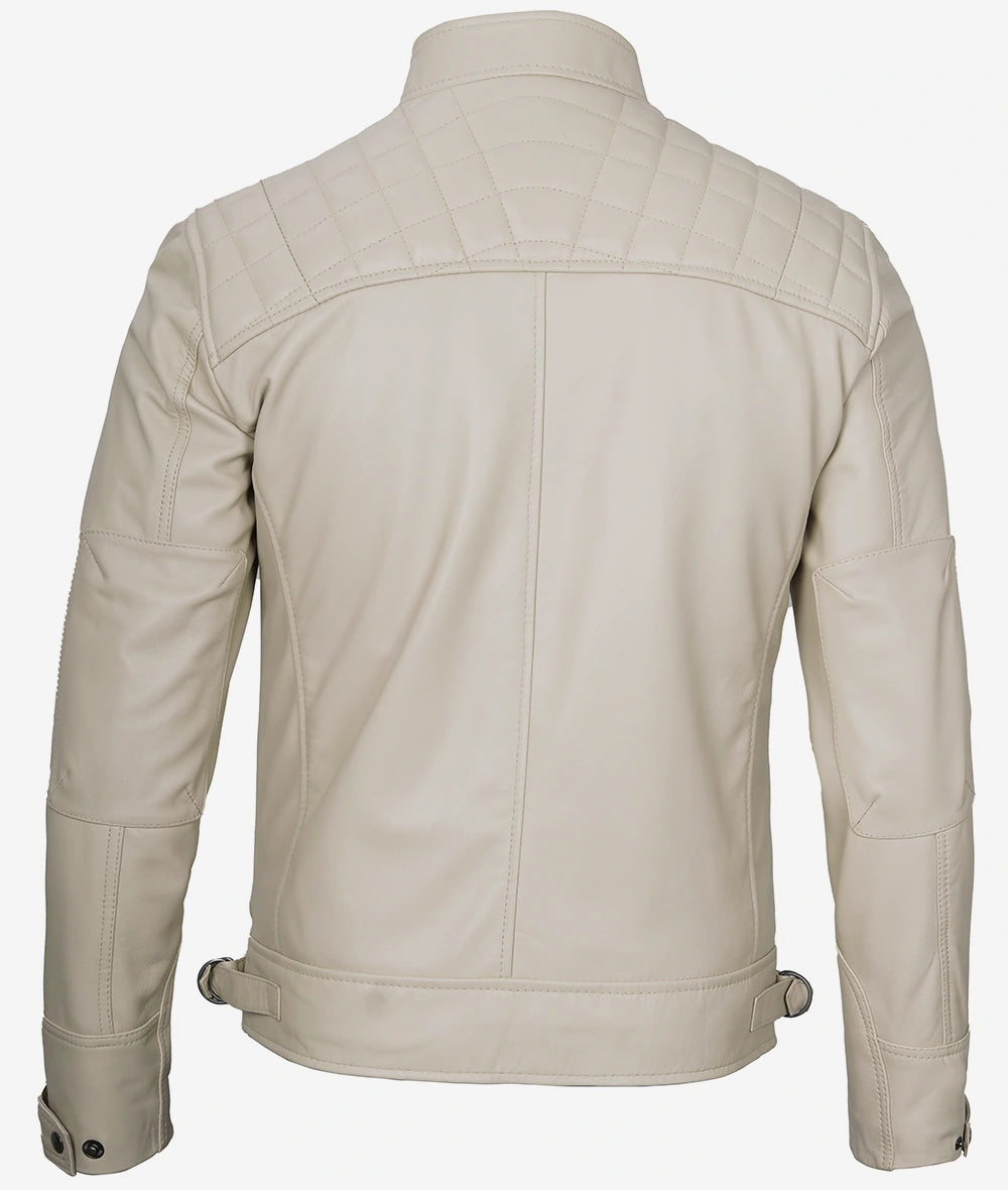 Men's Café Racer Beige Leather Jacket - Quilted Shoulder