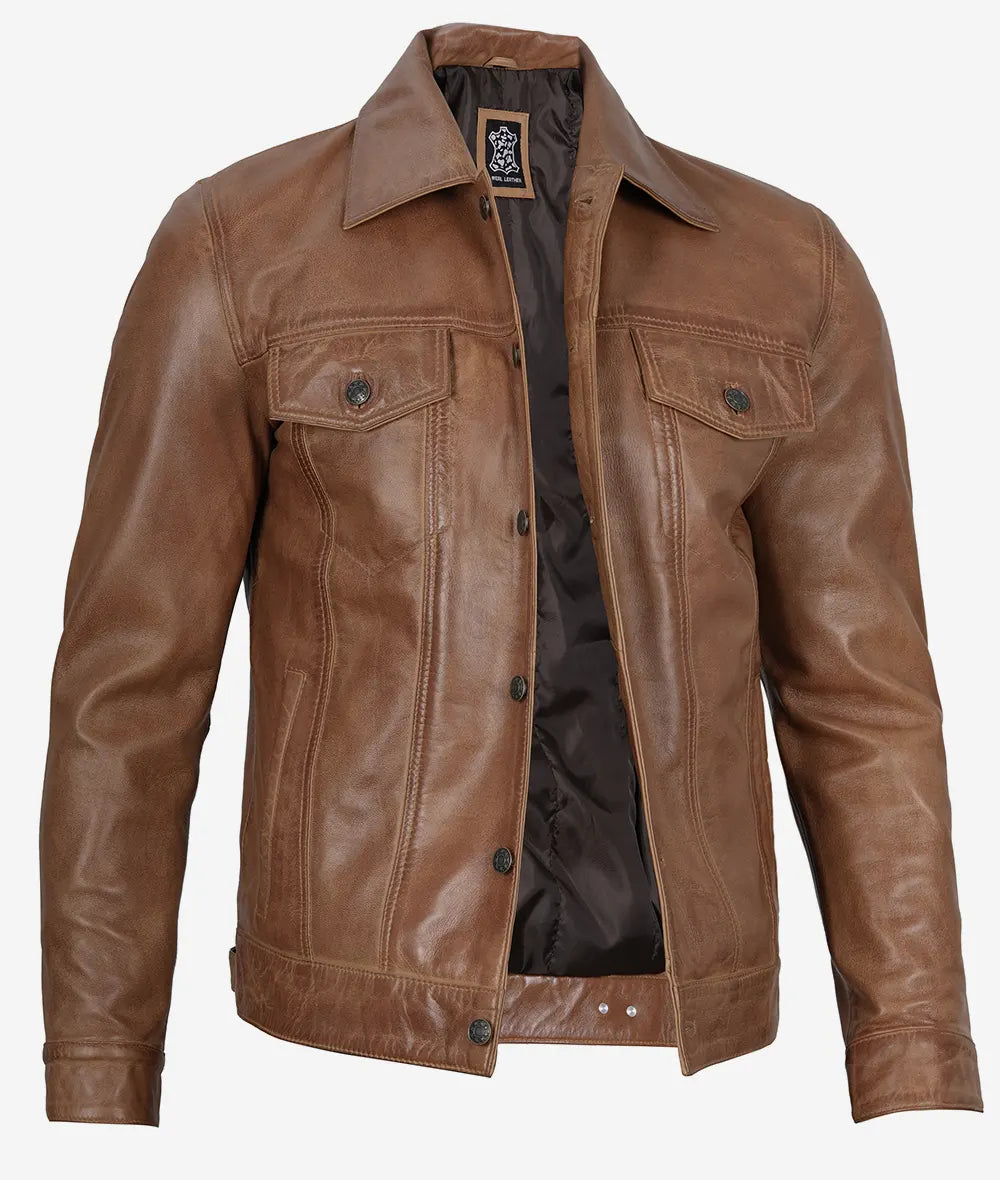 Men's Real Leather Camel Brown Trucker Jacket