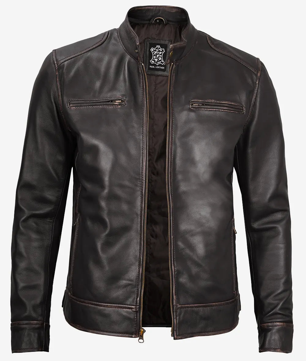 Men's Real Leather Vintage Brown Cafe Racer Jacket