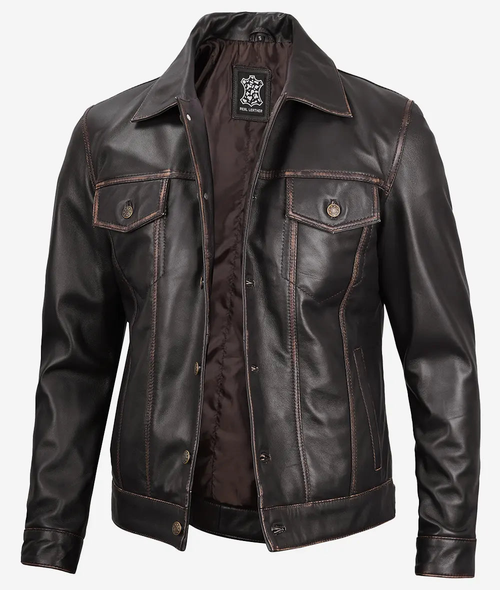 Black Leather Cafe Racer Jacket for Men