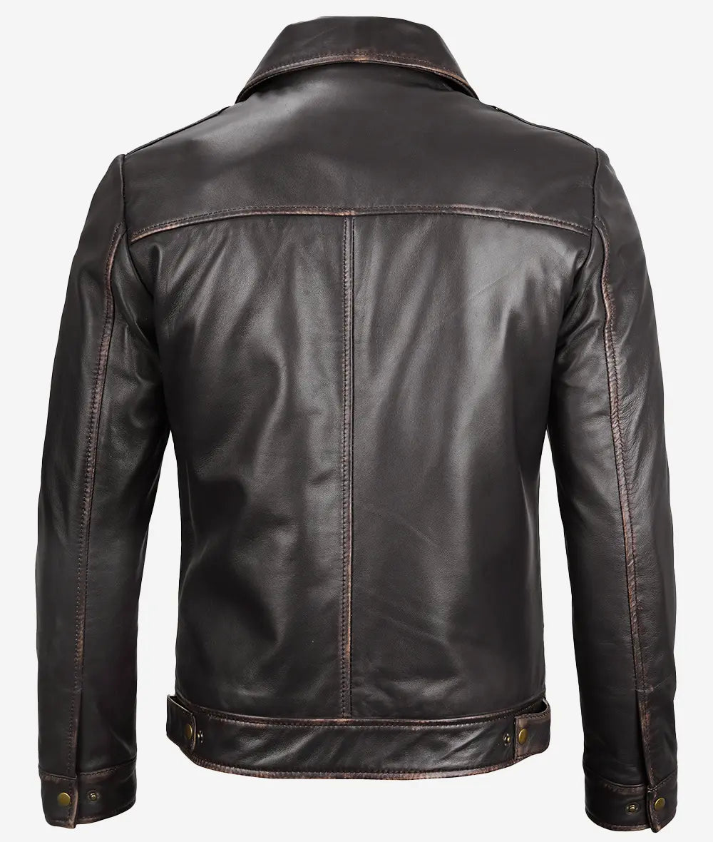 Reeves Mens Shirt Collar Dark Brown Leather Jacket