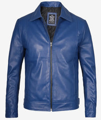 Mens Shirt Collar Blue Leather Jacket