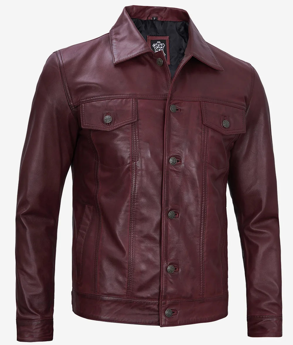 Fernando Men's Lambskin Leather Maroon Trucker Jacket