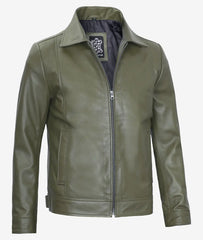 Mens Classic Shirt Collar Military Green Leather Jacket