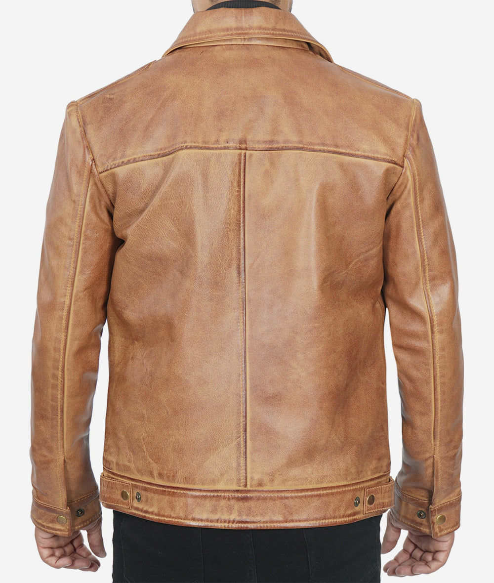 Mens Shirt Collar Leather Jacket Brown