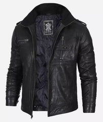 Men's Black Washed Leather Biker Jacket