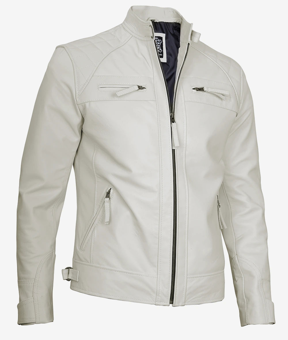 Men's Quilted Shoulder Off White Cafe Racer Leather Jacket