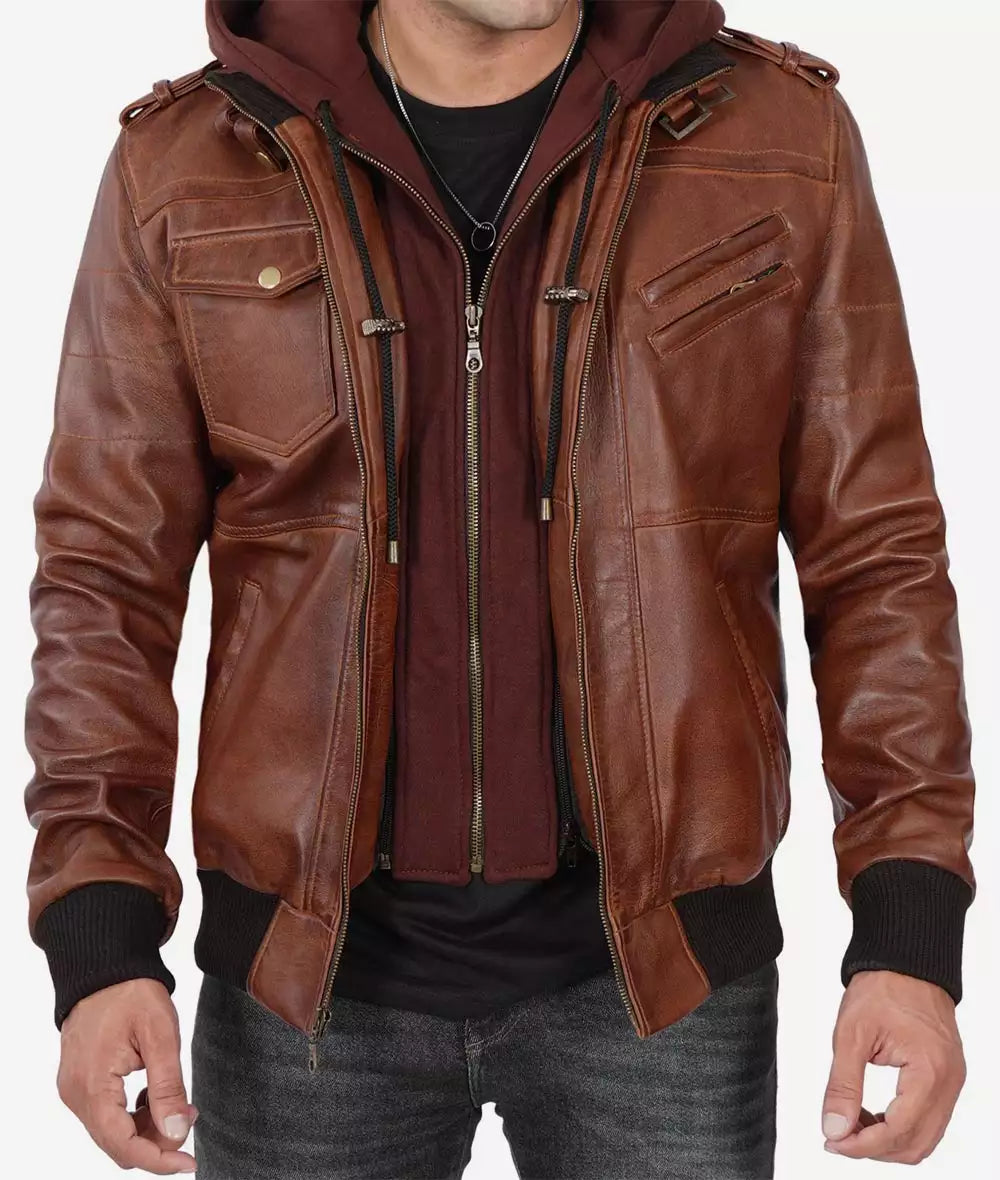 Men's Tall Brown Bomber Hooded Leather Jacket