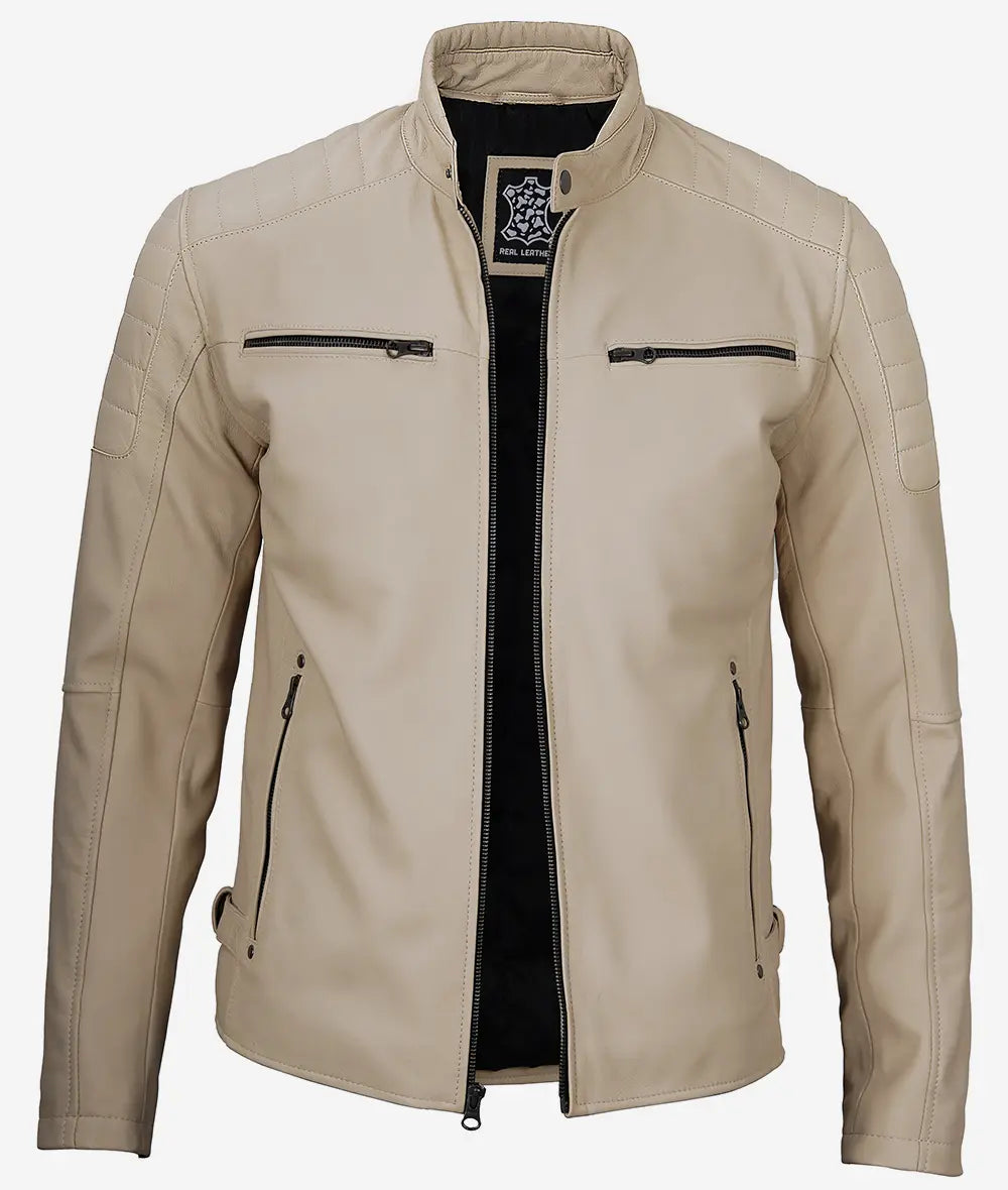 Men's Real Lambskin Leather Beige Cafe Racer Jacket