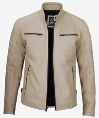 Men's Real Lambskin Leather Beige Cafe Racer Jacket