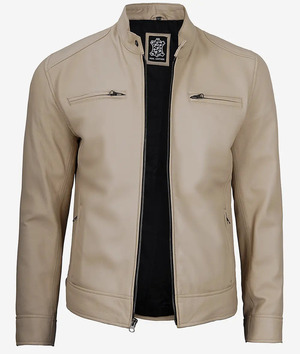 Mens Beige Biker Leather Jacket