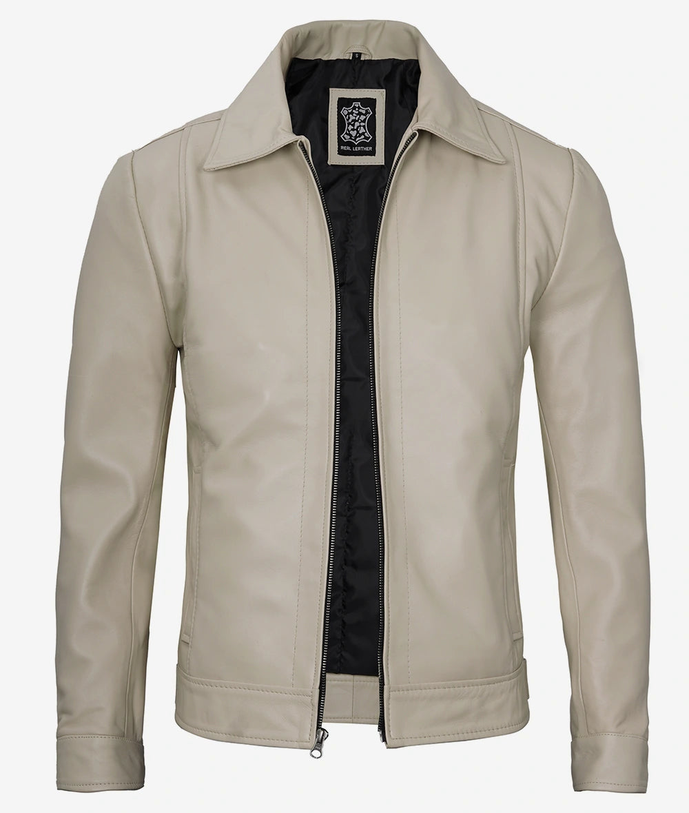 Mens Classic Shirt Collar Beige Leather Jacket