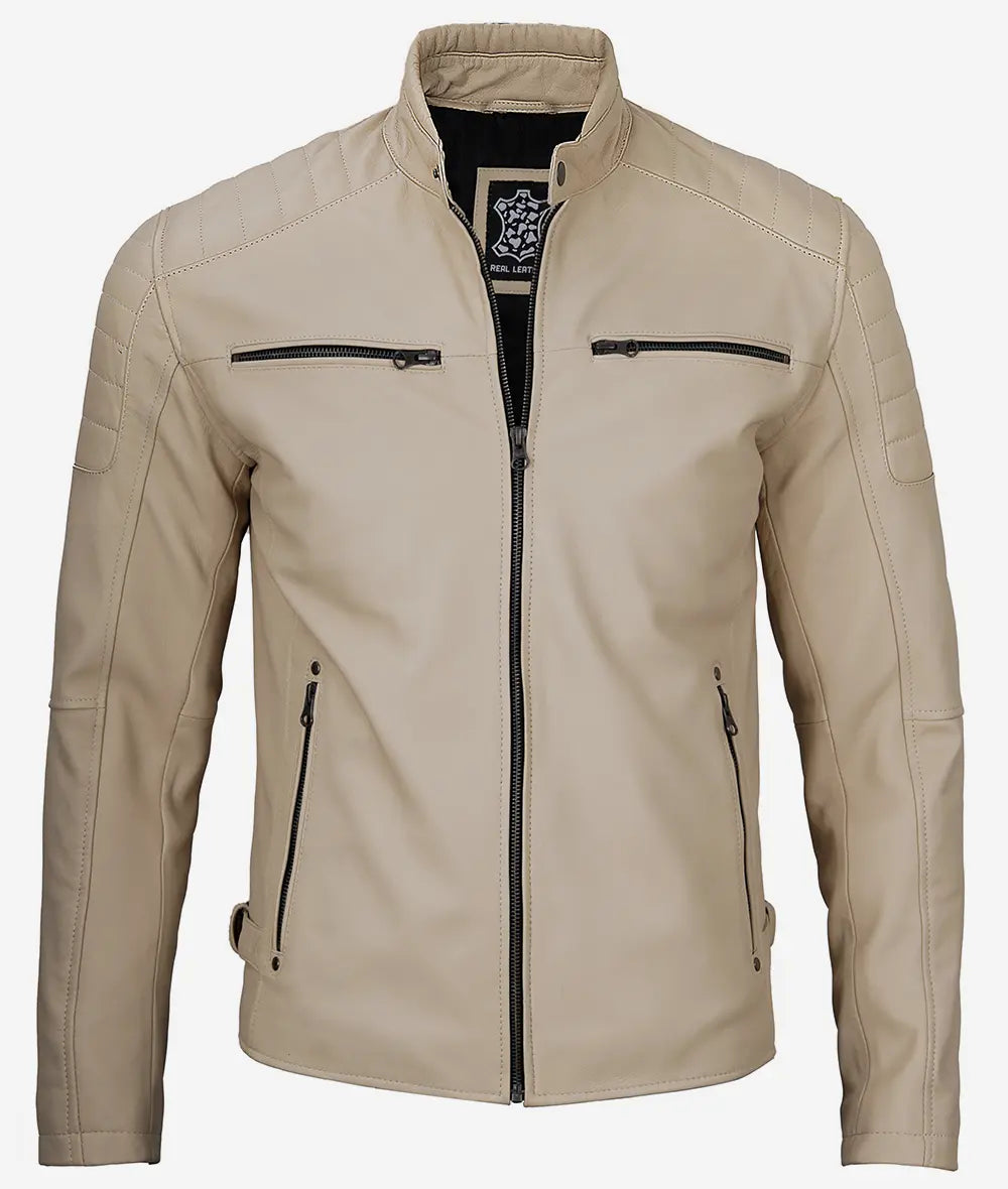 Men's Real Lambskin Leather Beige Cafe Racer Jacket