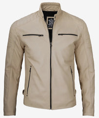 Men's Real Lambskin Leather Beige Cafe Racer Jacket