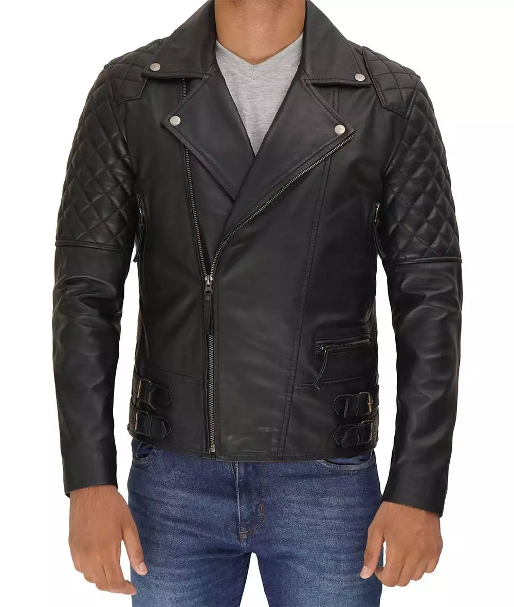 Asymmetrical Mens Black Quilted Leather Motorcycle Jacket