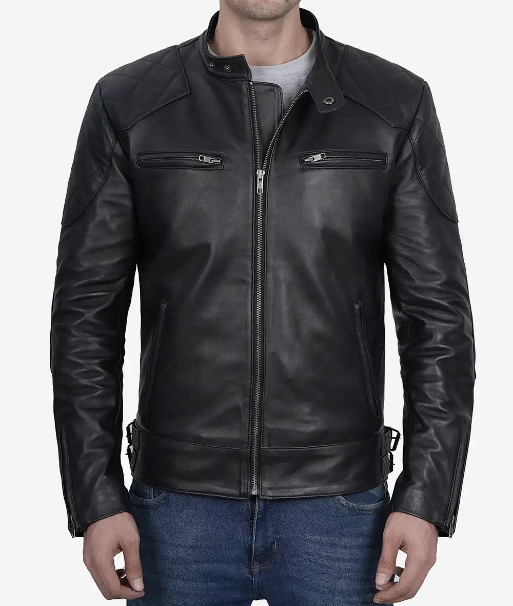 Black Leather Cafe Racer Jacket for Men