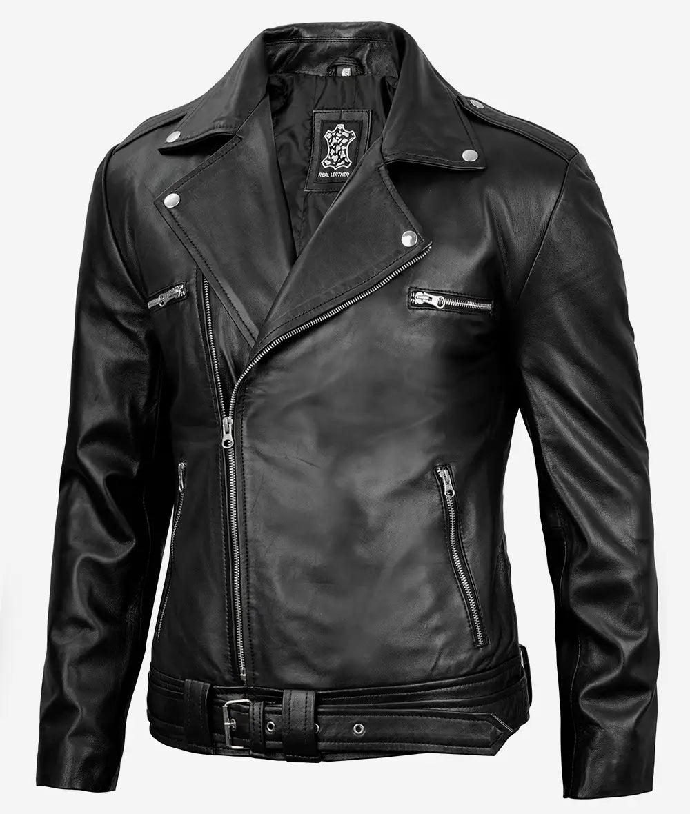 Negan Black Asymmetrical Belted Moto Leather Jacket