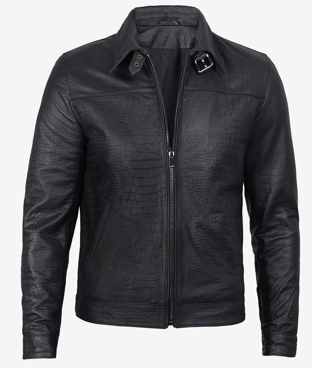 Men's Premium Black Crocodile Textured Leather Jacket