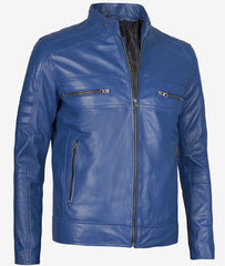 Men's Slim Fit Blue Cafe Racer Leather Jacket