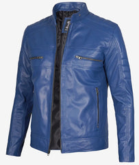 Men's Slim Fit Blue Cafe Racer Leather Jacket