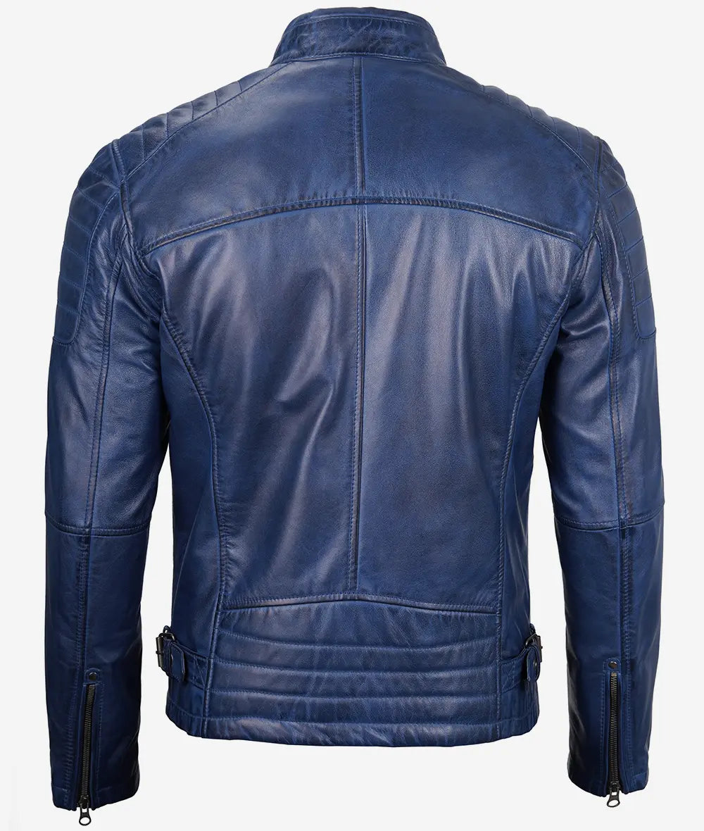 Mens Blue Waxed Cafe Racer Leather Jacket